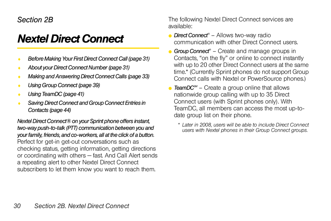 Motorola V950 manual Following Nextel Direct Connect services are available 