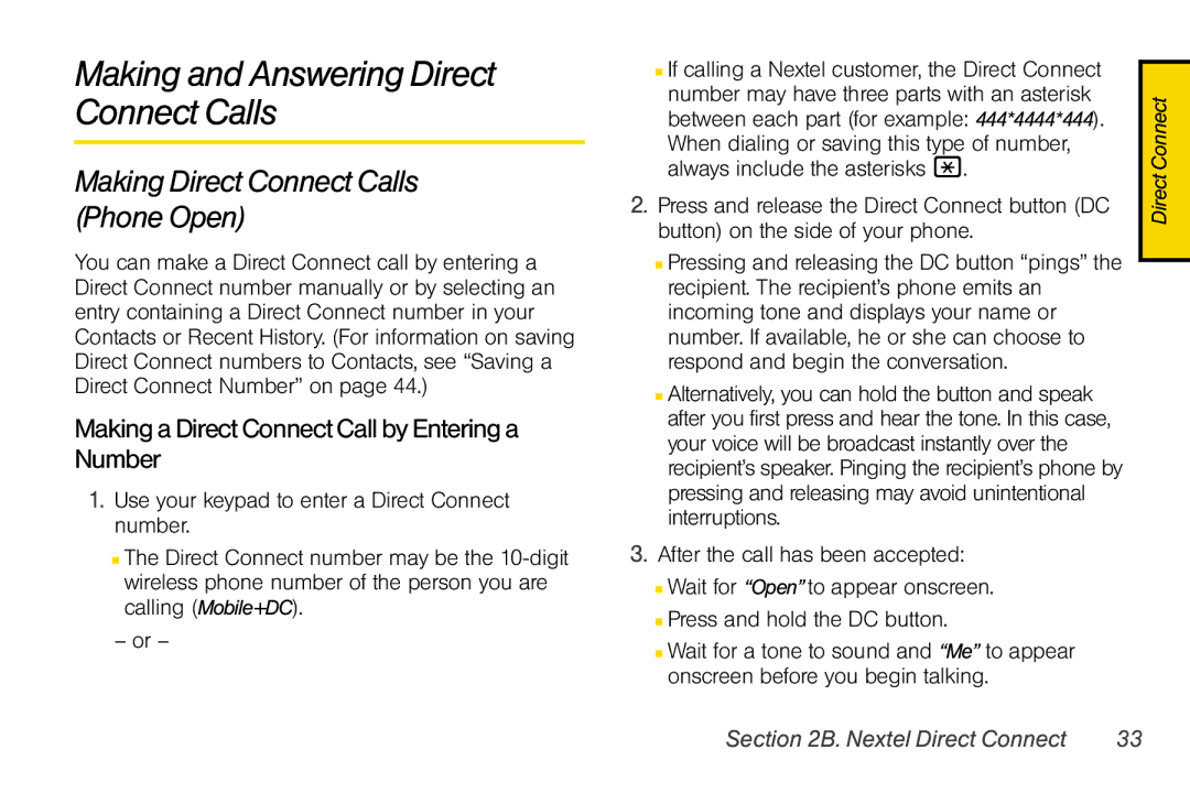 Motorola V950 manual Making and Answering Direct Connect Calls, Making Direct Connect Calls Phone Open 