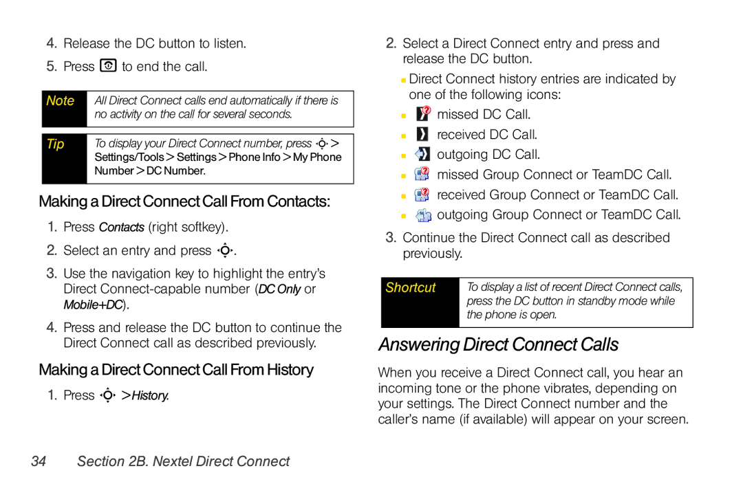 Motorola V950 manual Answering Direct Connect Calls, Making a Direct Connect Call From Contacts, Press S History 