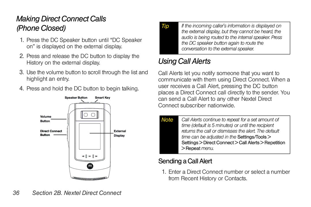 Motorola V950 manual Making Direct Connect Calls Phone Closed, Using Call Alerts, Sending a Call Alert 