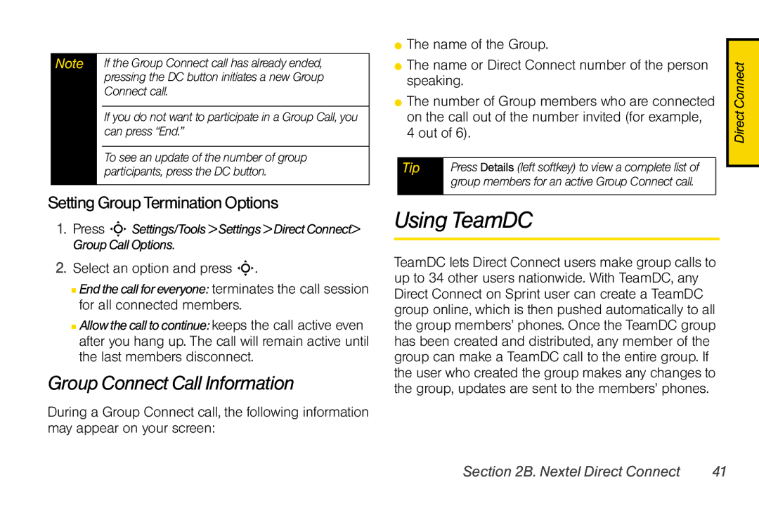 Motorola V950 manual Using TeamDC, Group Connect Call Information, Setting Group Termination Options 