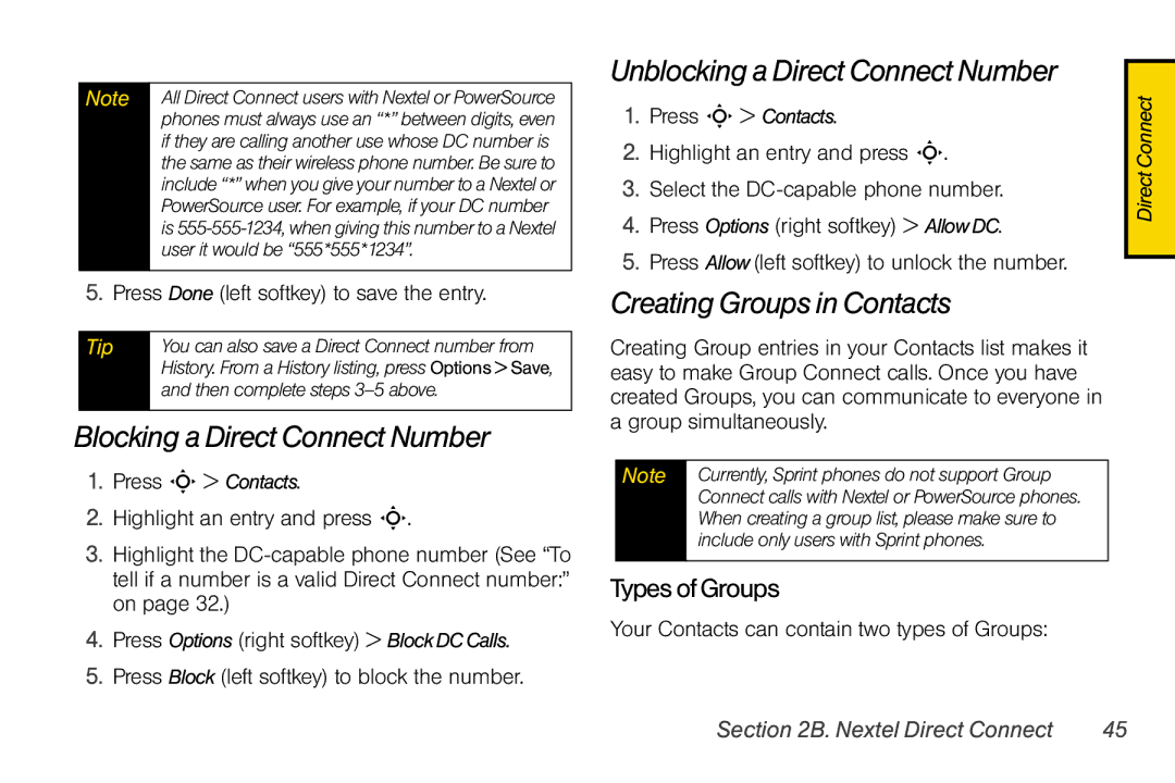 Motorola V950 manual Blocking a Direct Connect Number, Unblocking a Direct Connect Number, Creating Groups in Contacts 