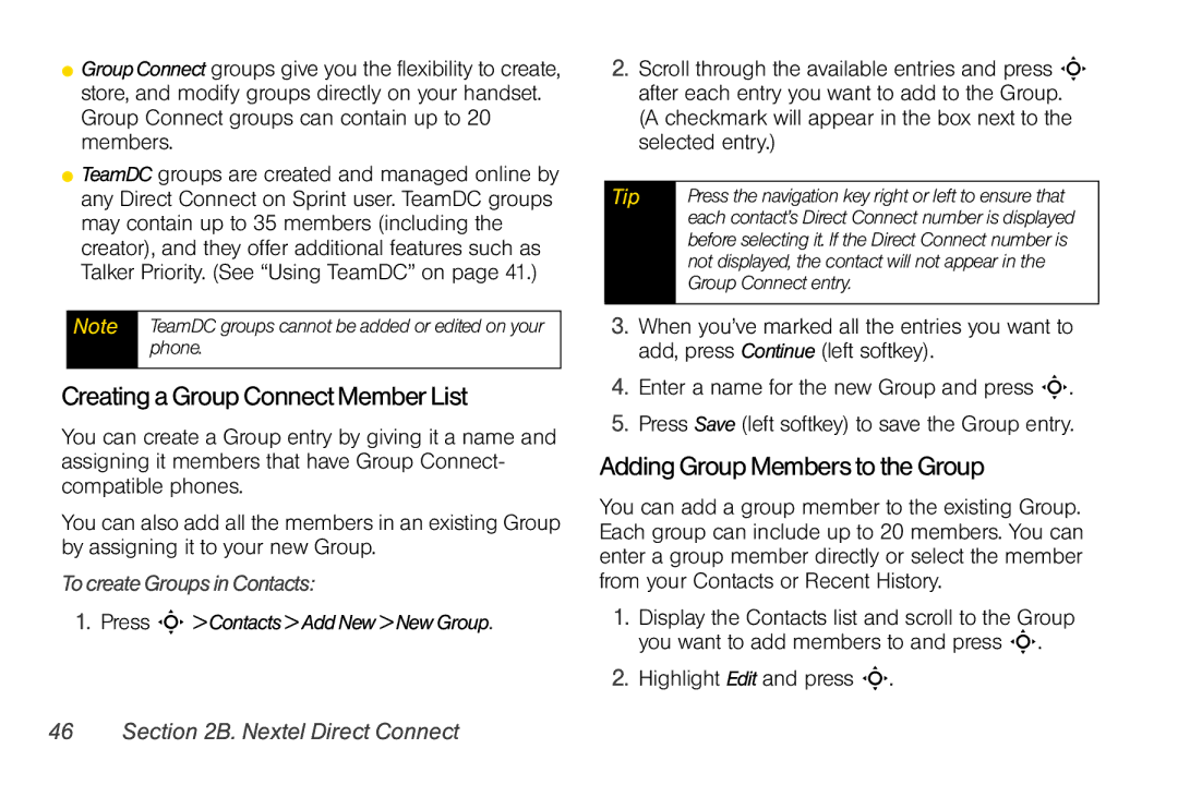 Motorola V950 manual Creating a Group Connect Member List, Adding Group Members to the Group, Tocreate Groups inContacts 