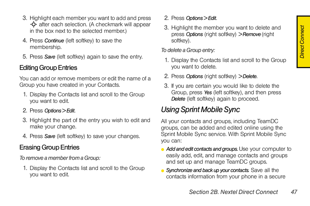 Motorola V950 manual Using Sprint Mobile Sync, Editing Group Entries, Erasing Group Entries, To removeamemberfromaGroup 