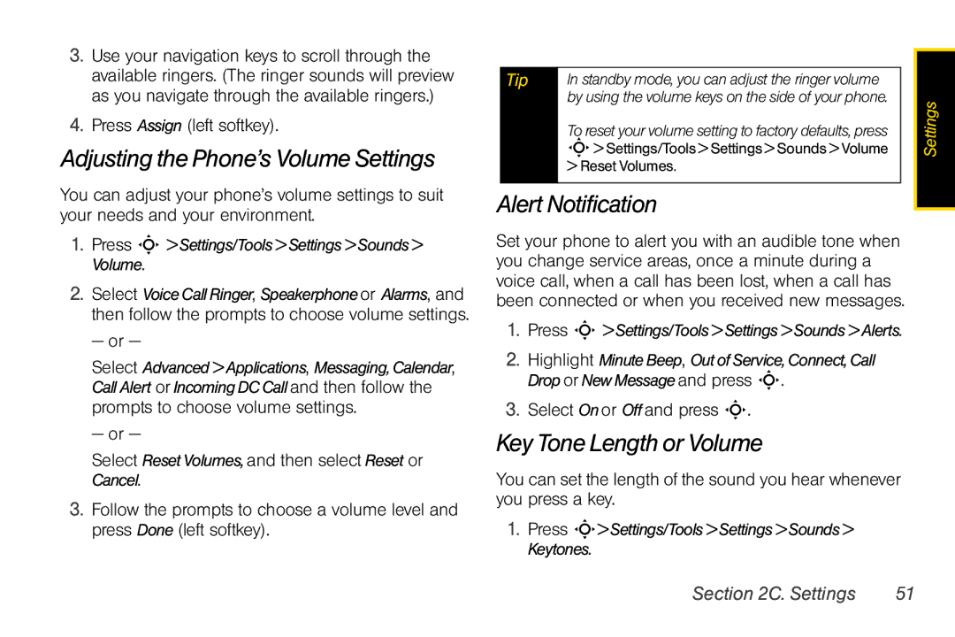 Motorola V950 manual Adjusting the Phone’s Volume Settings, Alert Notification, Key Tone Length or Volume 