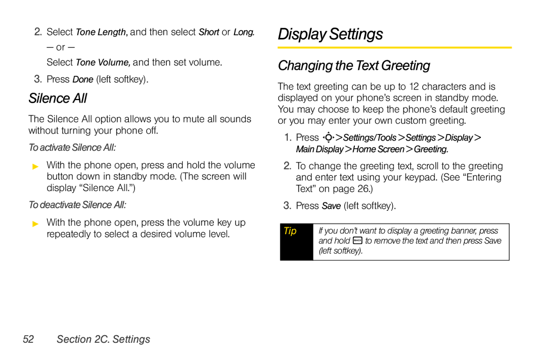 Motorola V950 Display Settings, Silence All, Changing the Text Greeting, ToactivateSilenceAll, TodeactivateSilenceAll 