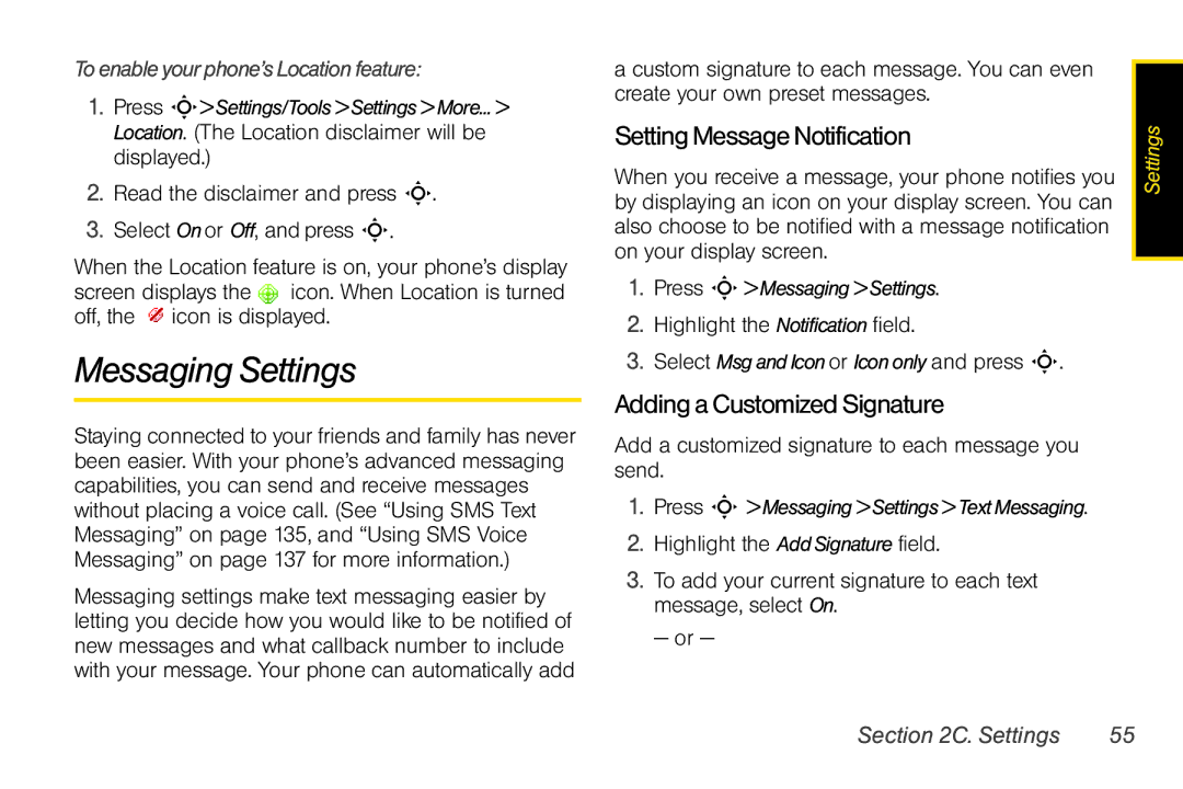 Motorola V950 manual Messaging Settings, SettingMessageNotification, AddingaCustomizedSignature 