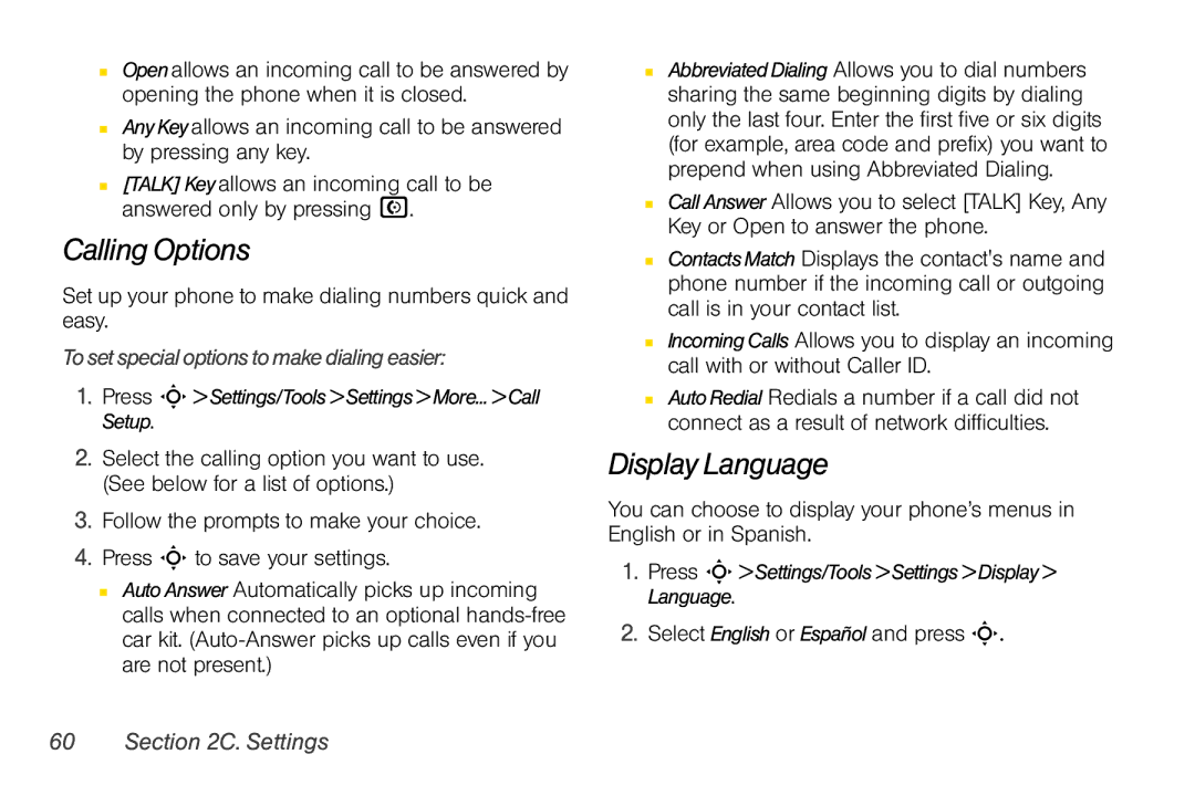 Motorola V950 manual CallingOptions, DisplayLanguage, Set up your phone to make dialing numbers quick and easy 