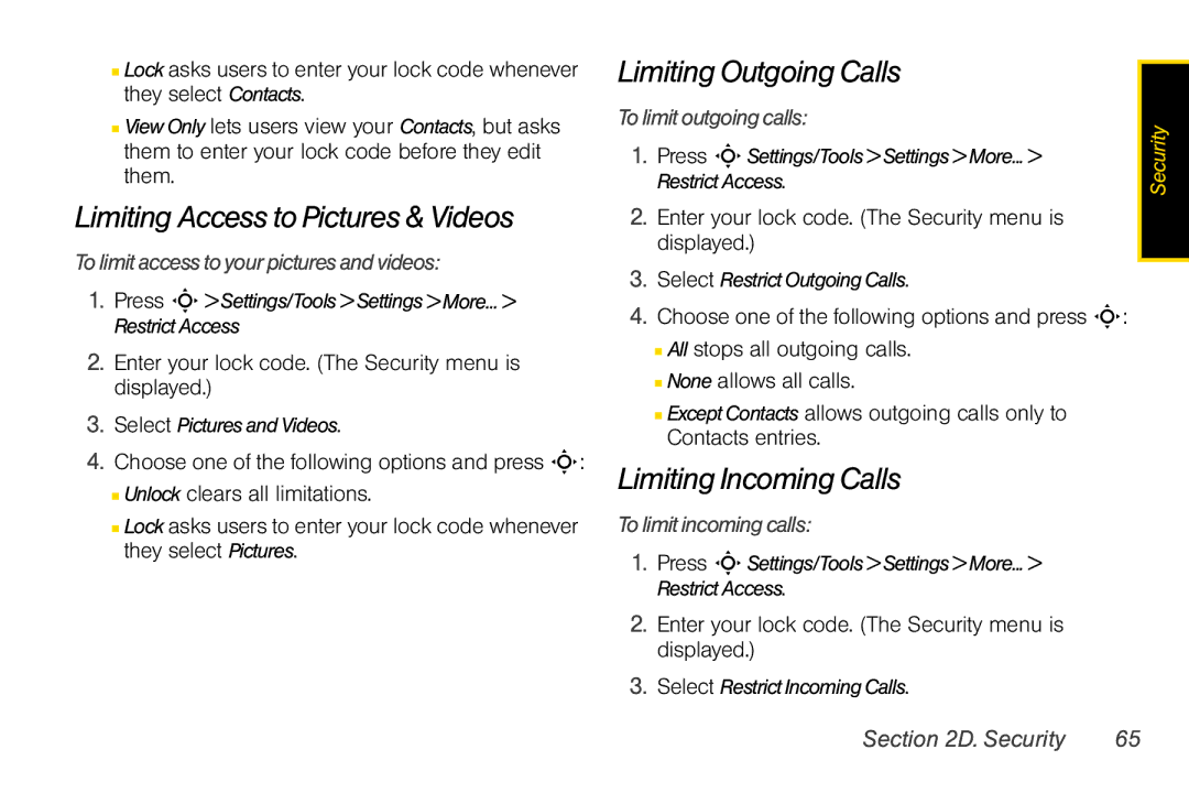 Motorola V950 manual Limiting Access to Pictures & Videos, Limiting Outgoing Calls, Limiting Incoming Calls 