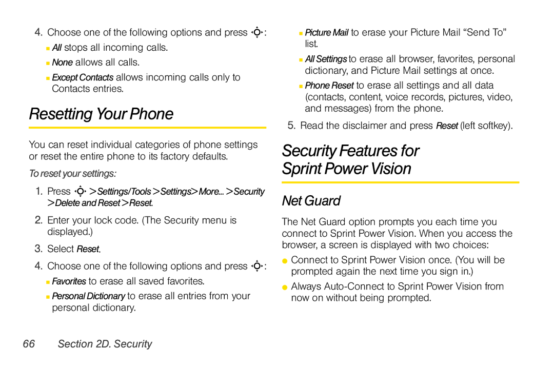 Motorola V950 manual Resetting Your Phone, Security Features for Sprint Power Vision, Net Guard, Toreset your settings 