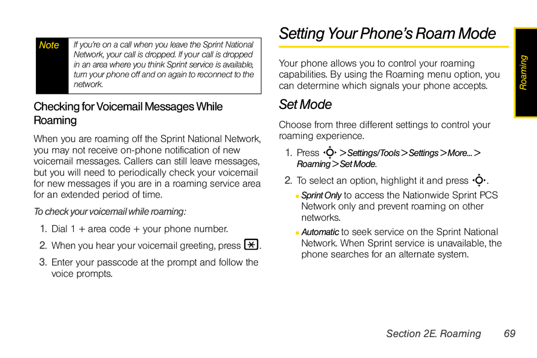 Motorola V950 manual Setting Your Phone’s Roam Mode, Set Mode, CheckingforVoicemailMessagesWhile Roaming 