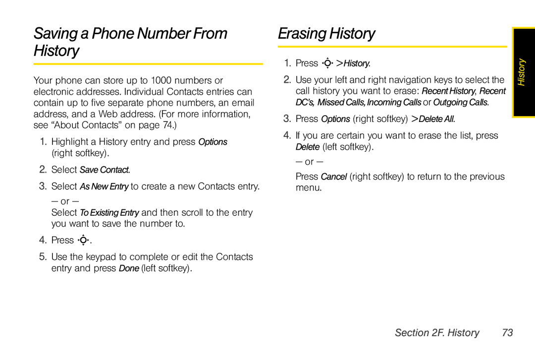 Motorola V950 manual Saving a Phone Number From History, Erasing History, Select SaveContact 