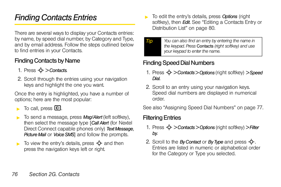 Motorola V950 manual Finding Contacts Entries, Finding Contacts by Name, Finding Speed Dial Numbers, Filtering Entries 