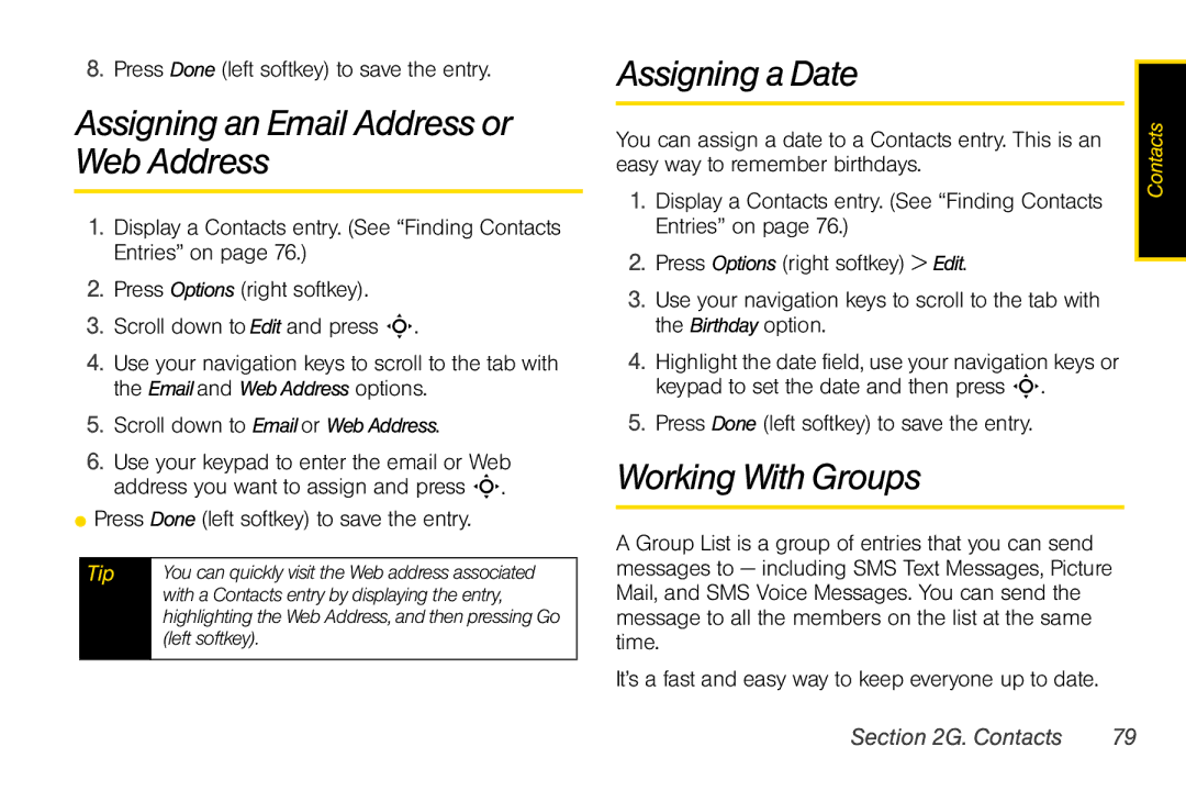 Motorola V950 manual Assigning an Email Address or Web Address, Assigning a Date, Working With Groups 