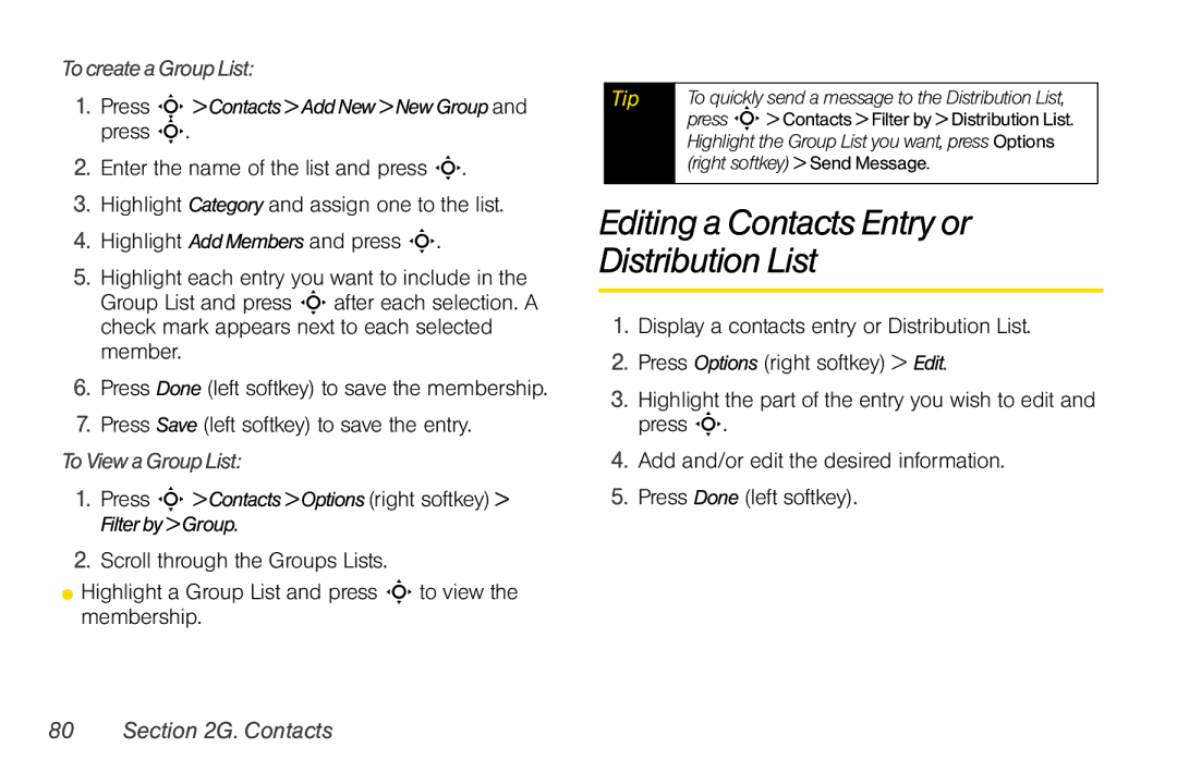 Motorola V950 manual Editing a Contacts Entry or Distribution List, Tocreate a Group List, ToView a Group List 