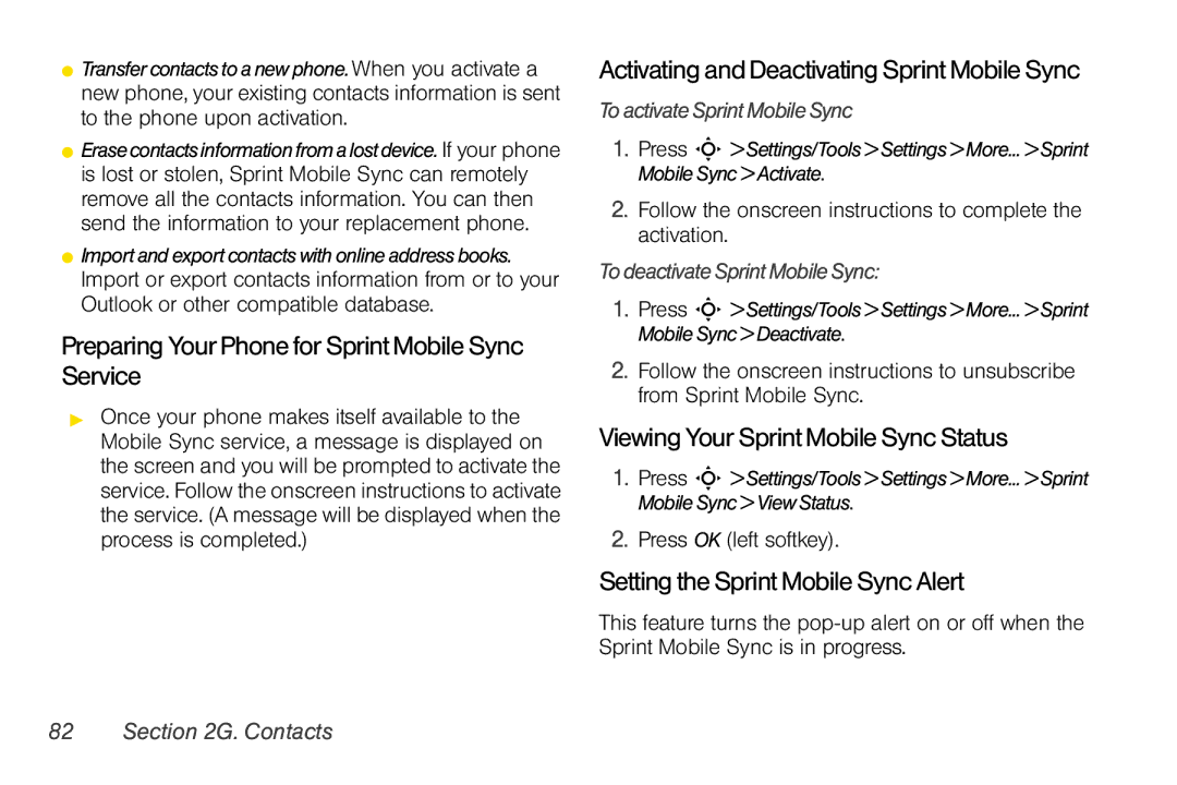 Motorola V950 manual Preparing YourPhone for SprintMobile Sync Service, Activating andDeactivating Sprint Mobile Sync 