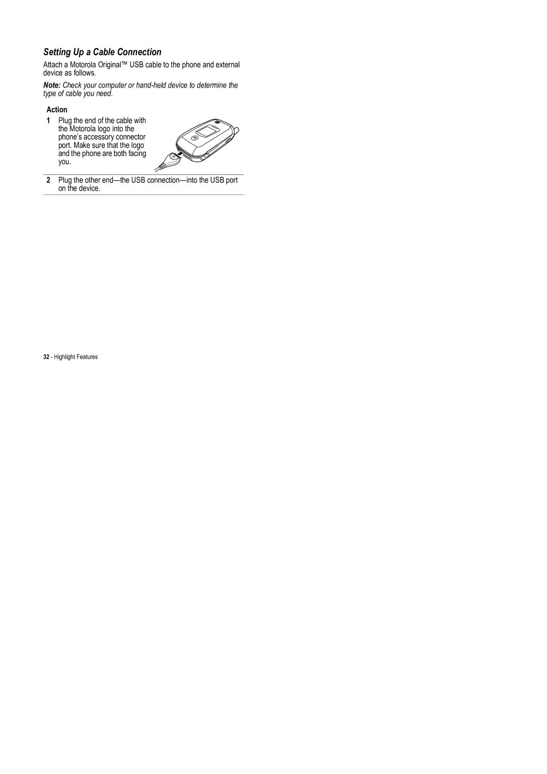 Motorola V975 specifications Setting Up a Cable Connection, Action 