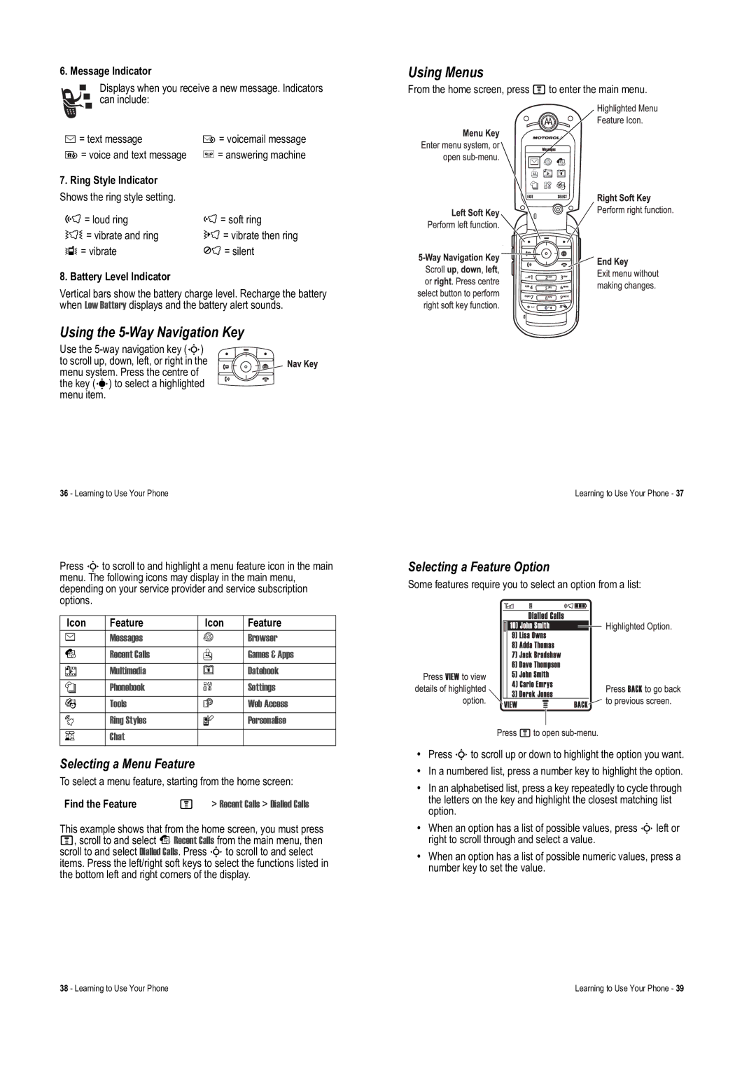 Motorola V975 Using the 5-Way Navigation Key, Using Menus, Selecting a Menu Feature, Selecting a Feature Option 