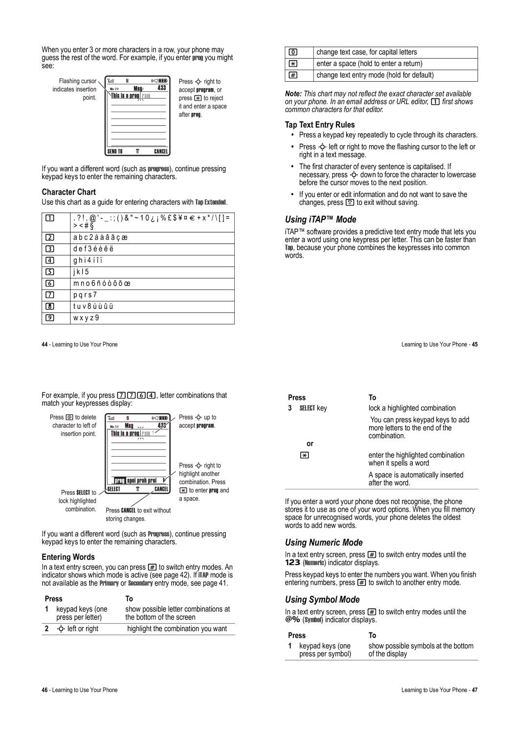 Motorola V975 specifications Using iTAP Mode, Using Numeric Mode, Using Symbol Mode 