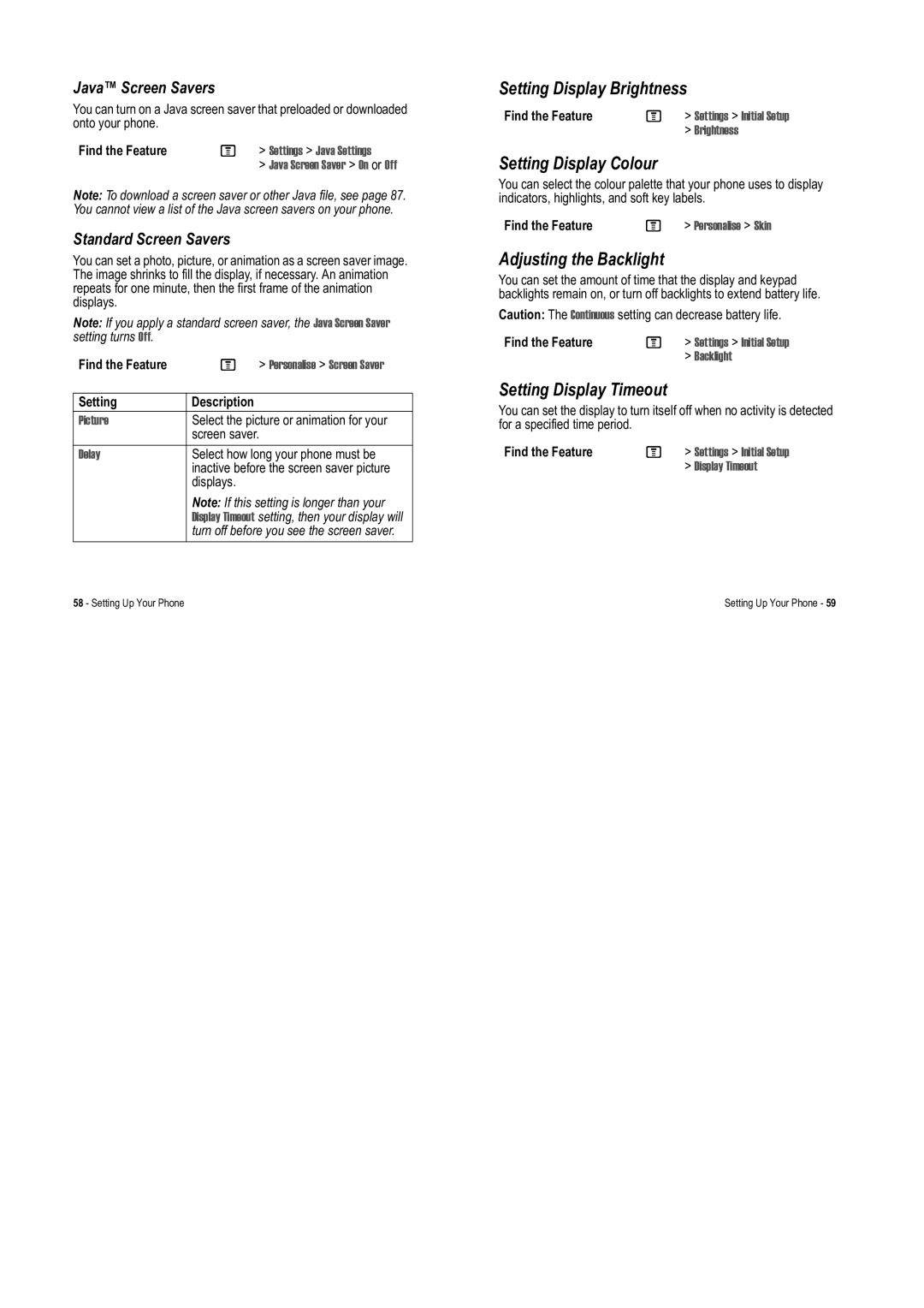 Motorola V975 Setting Display Brightness, Setting Display Colour, Adjusting the Backlight, Setting Display Timeout 