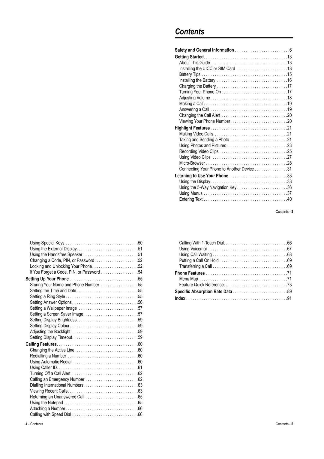 Motorola V975 specifications Contents 