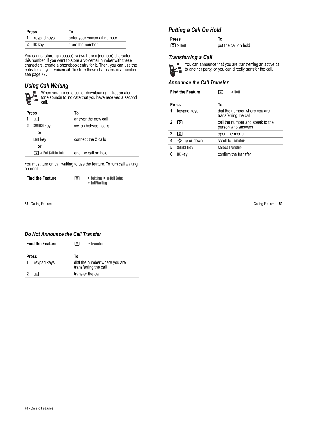 Motorola V975 Using Call Waiting, Putting a Call On Hold, Transferring a Call, Do Not Announce the Call Transfer 