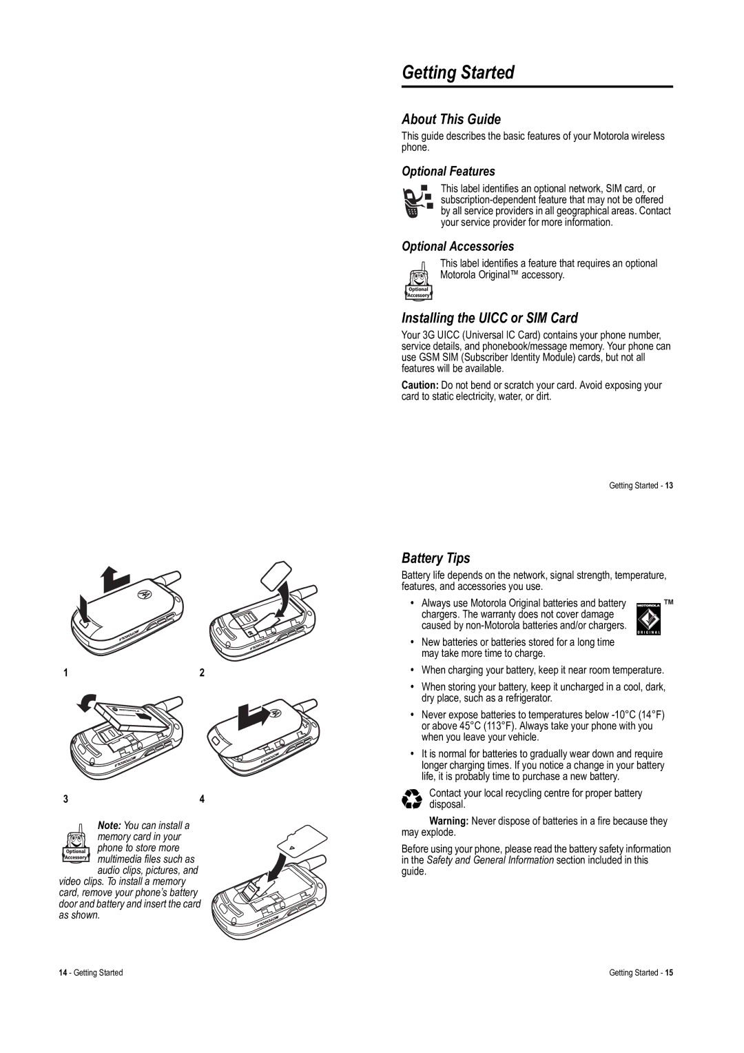 Motorola V975 specifications Getting Started, About This Guide, Installing the Uicc or SIM Card, Battery Tips 