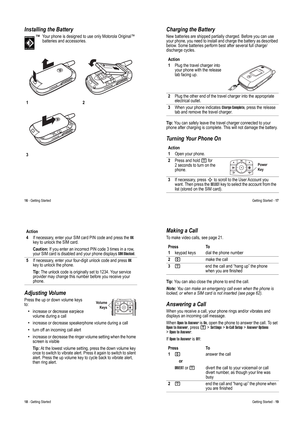 Motorola V975 Installing the Battery, Adjusting Volume, Charging the Battery, Turning Your Phone On, Making a Call 