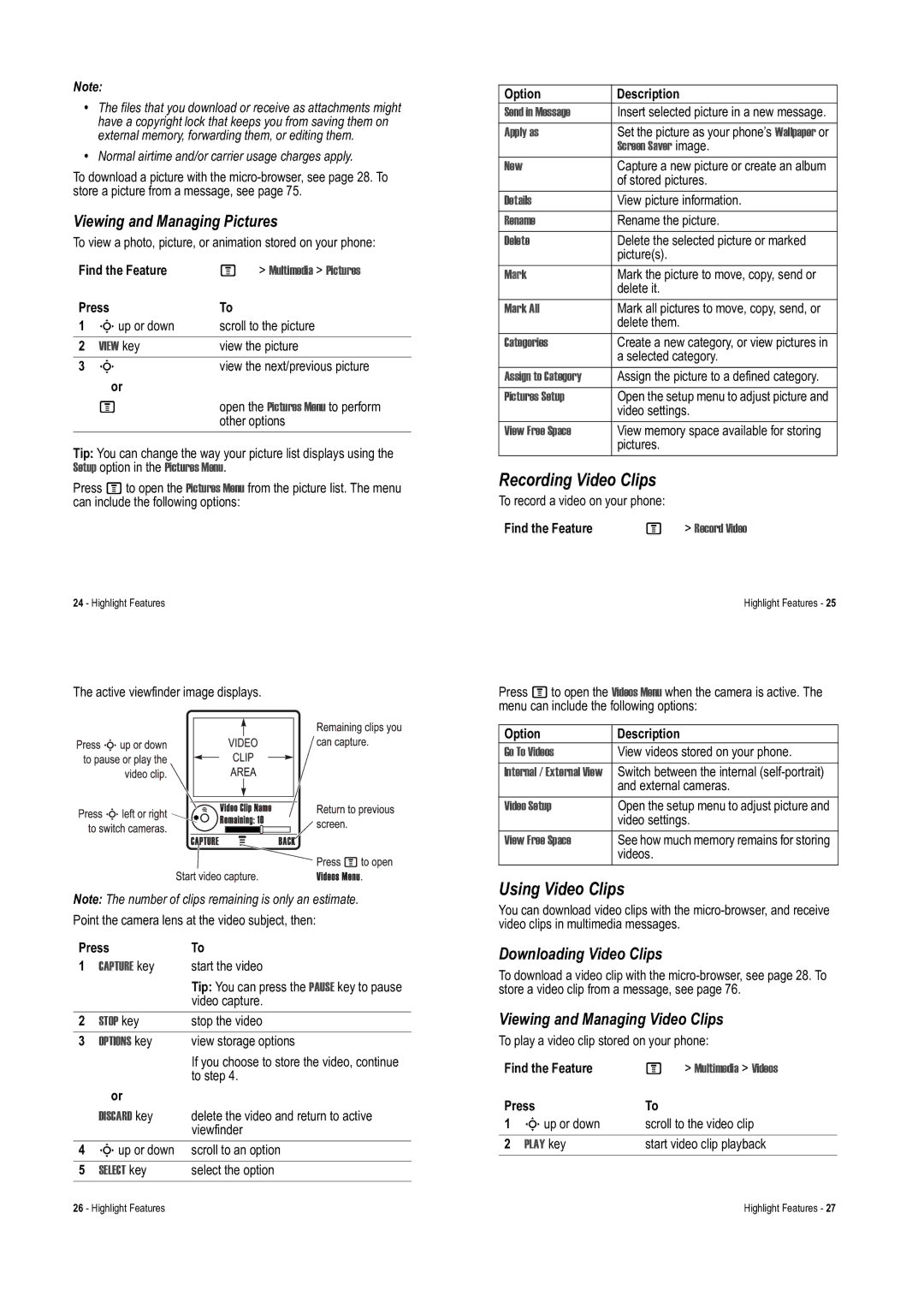 Motorola V975 Recording Video Clips, Using Video Clips, Viewing and Managing Pictures, Downloading Video Clips 
