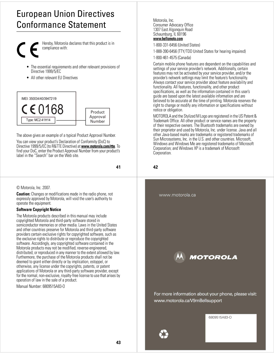 Motorola V9m manual Software Copyright Notice 