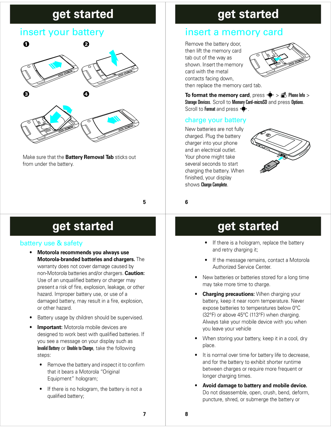 Motorola V9m manual Get started, Insert a memory card, Insert your battery, Charge your battery, Battery use & safety 