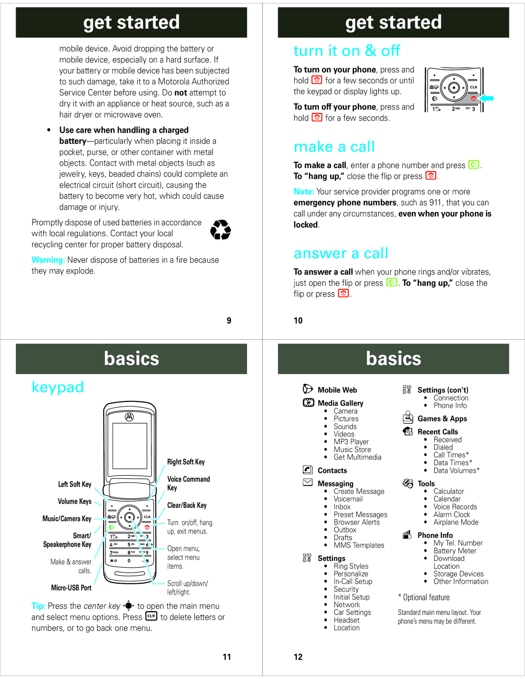 Motorola V9m manual Basics, Turn it on & off, Make a call, Answer a call, Keypad 