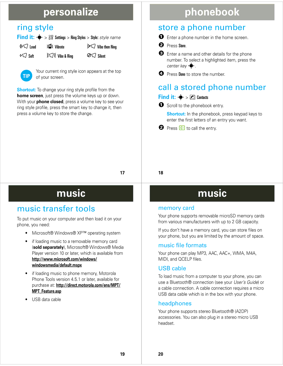 Motorola V9m manual Personalize Phonebook, Music, Ring style Store a phone number, Call a stored phone number 