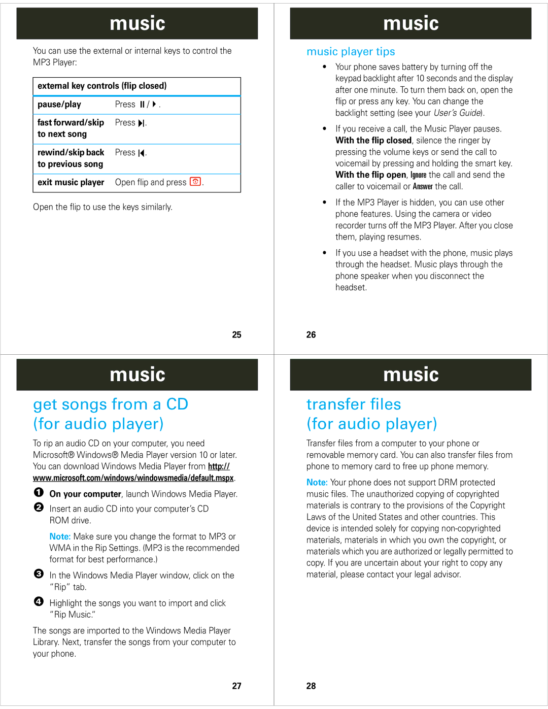 Motorola V9m manual Transfer files For audio player, Music player tips 