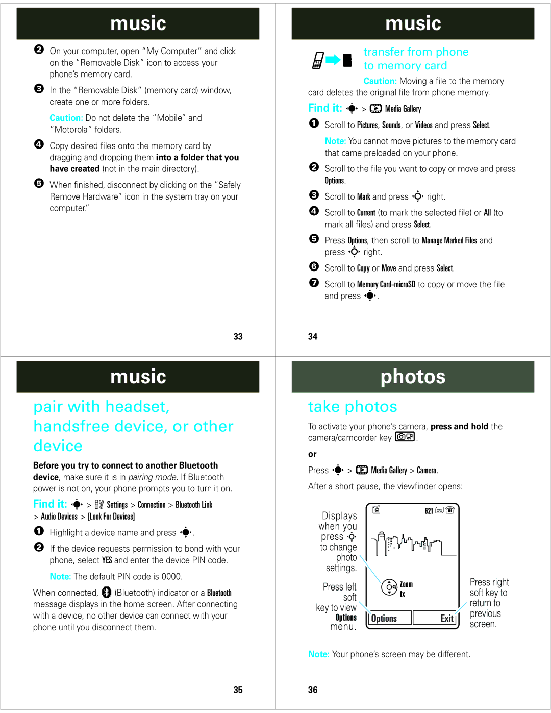 Motorola V9m manual Music Photos, Pair with headset, Take photos Handsfree device, or other, Device 