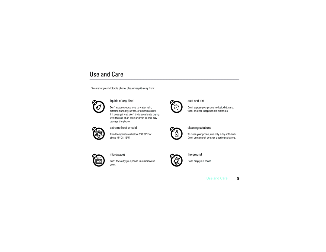 Motorola V9m manual Use and Care 