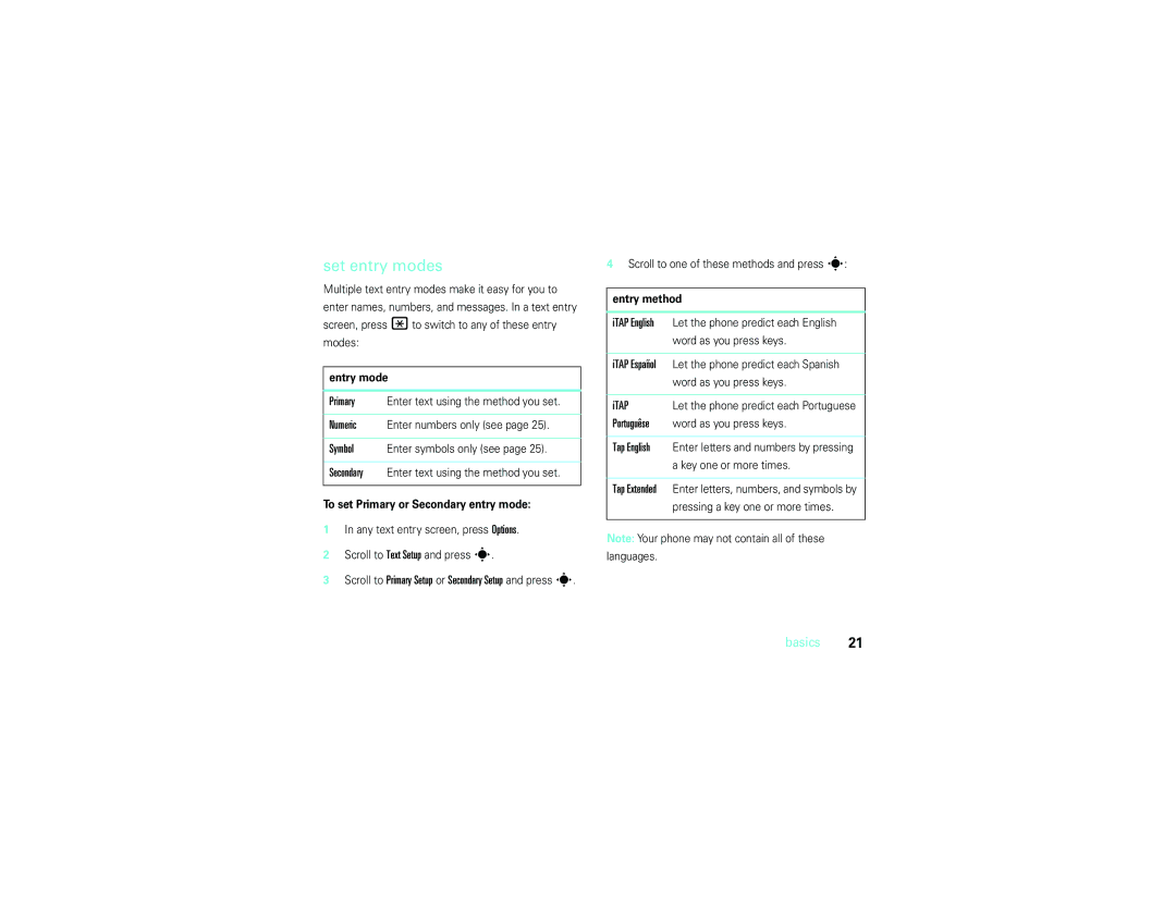 Motorola V9m manual Set entry modes, Itap, Entry mode, To set Primary or Secondary entry mode, Entry method 