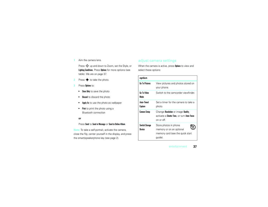 Motorola V9m manual Adjust camera settings, Go To Video, Mode Auto-Timed, Capture, Device 