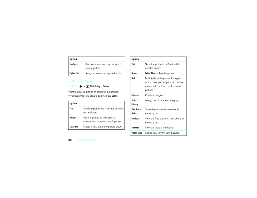 Motorola V9m manual Picture options 