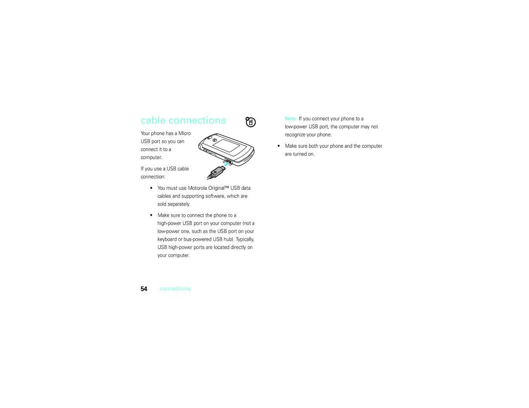 Motorola V9m manual Cable connections, Make sure both your phone and the computer are turned on 