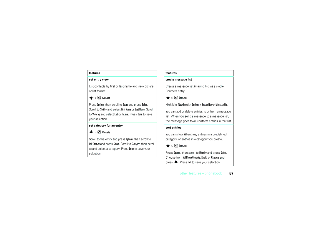 Motorola V9m Features Set entry view, Set category for an entry, Selection, Features Create message list, Sort entries 