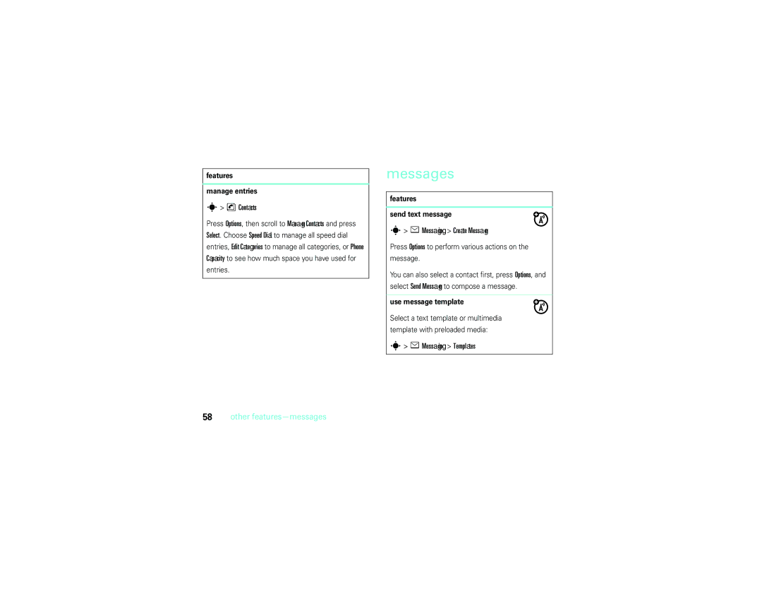 Motorola V9m manual Messages, Messaging Create Message, Messaging Templates, Other features-messages 