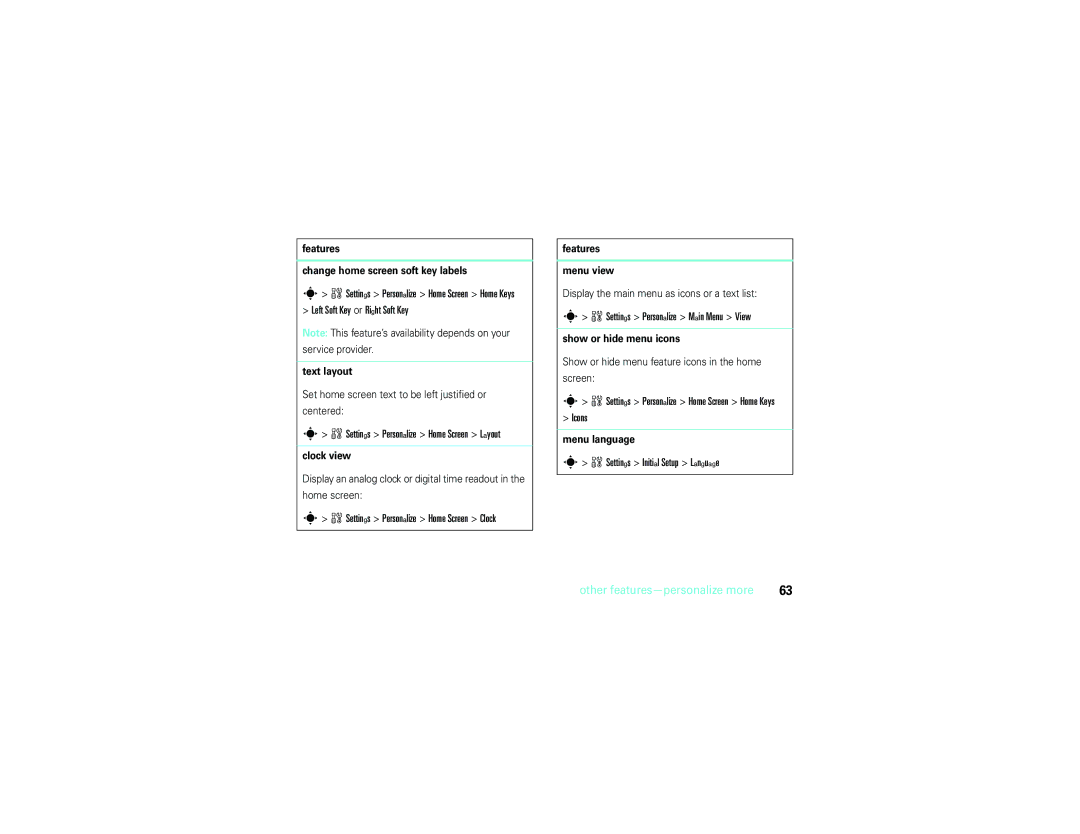 Motorola V9m Left Soft Key or Right Soft Key, Settings Personalize Home Screen Clock, Settings Personalize Main Menu View 