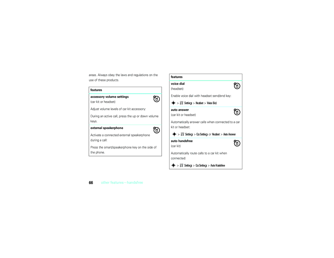 Motorola V9m manual Settings Headset Voice Dial, Settings Car Settings Auto Handsfree, Other features-handsfree 