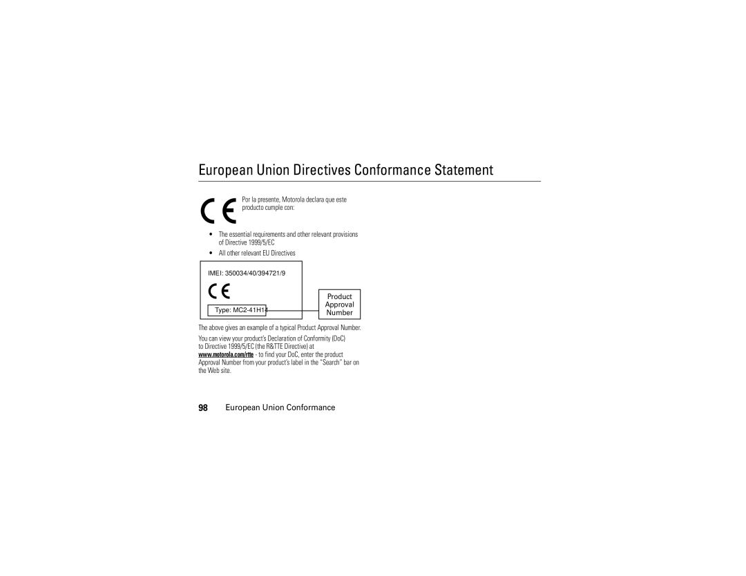 Motorola V9x manual European Union Directives Conformance Statement, European Union Conformance 