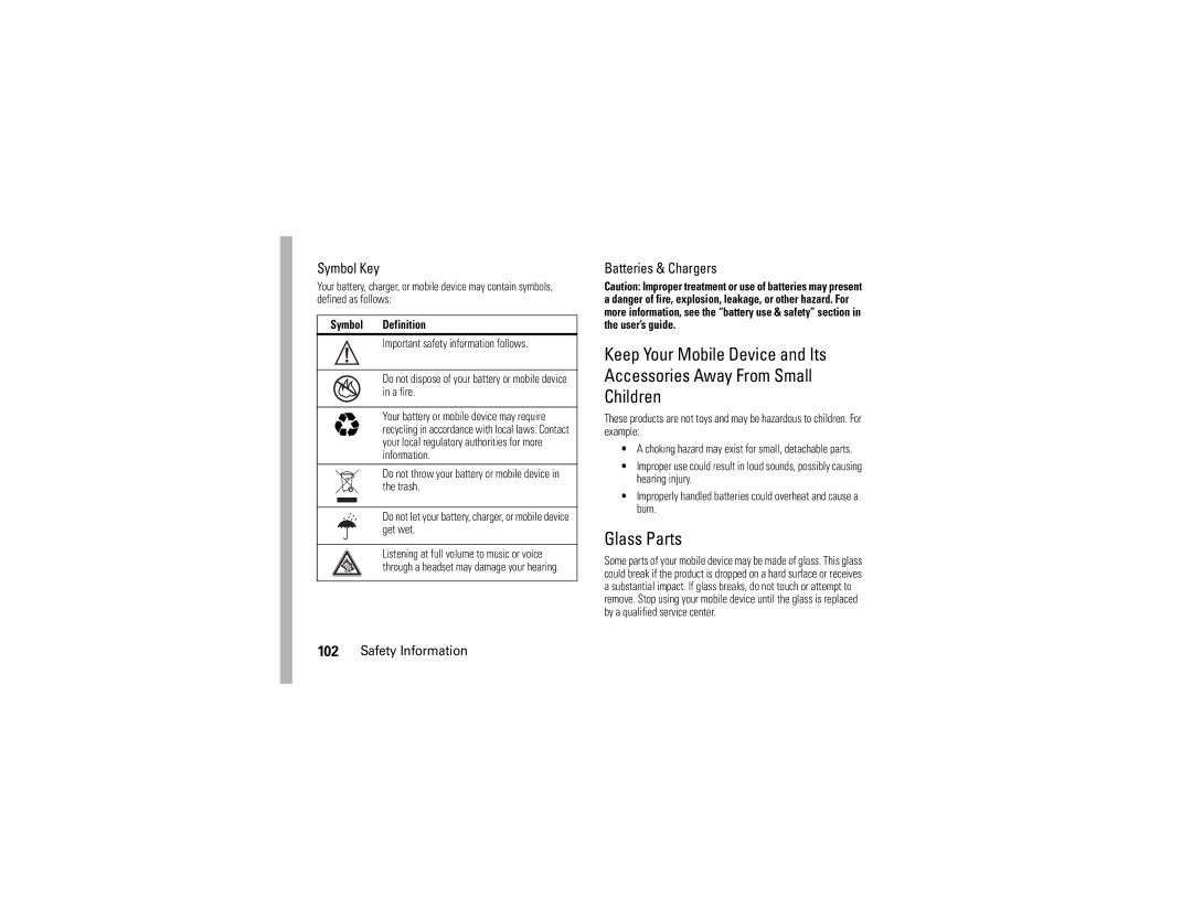 Motorola V9x manual Glass Parts, Symbol Definition 