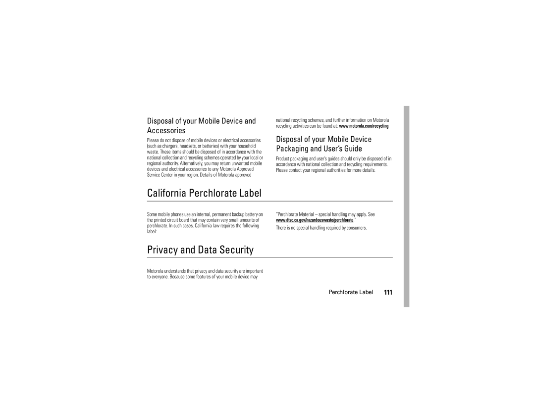 Motorola V9x manual California Perchlorate Label, Privacy and Data Security, Disposal of your Mobile Device and Accessories 