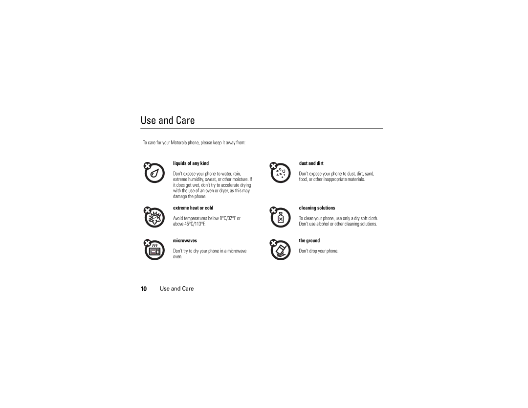 Motorola V9x manual Use and Care 