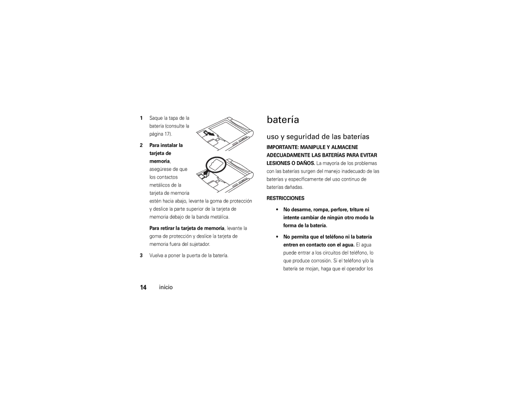 Motorola V9x manual Batería, Uso y seguridad de las baterías, Para instalar la tarjeta de 