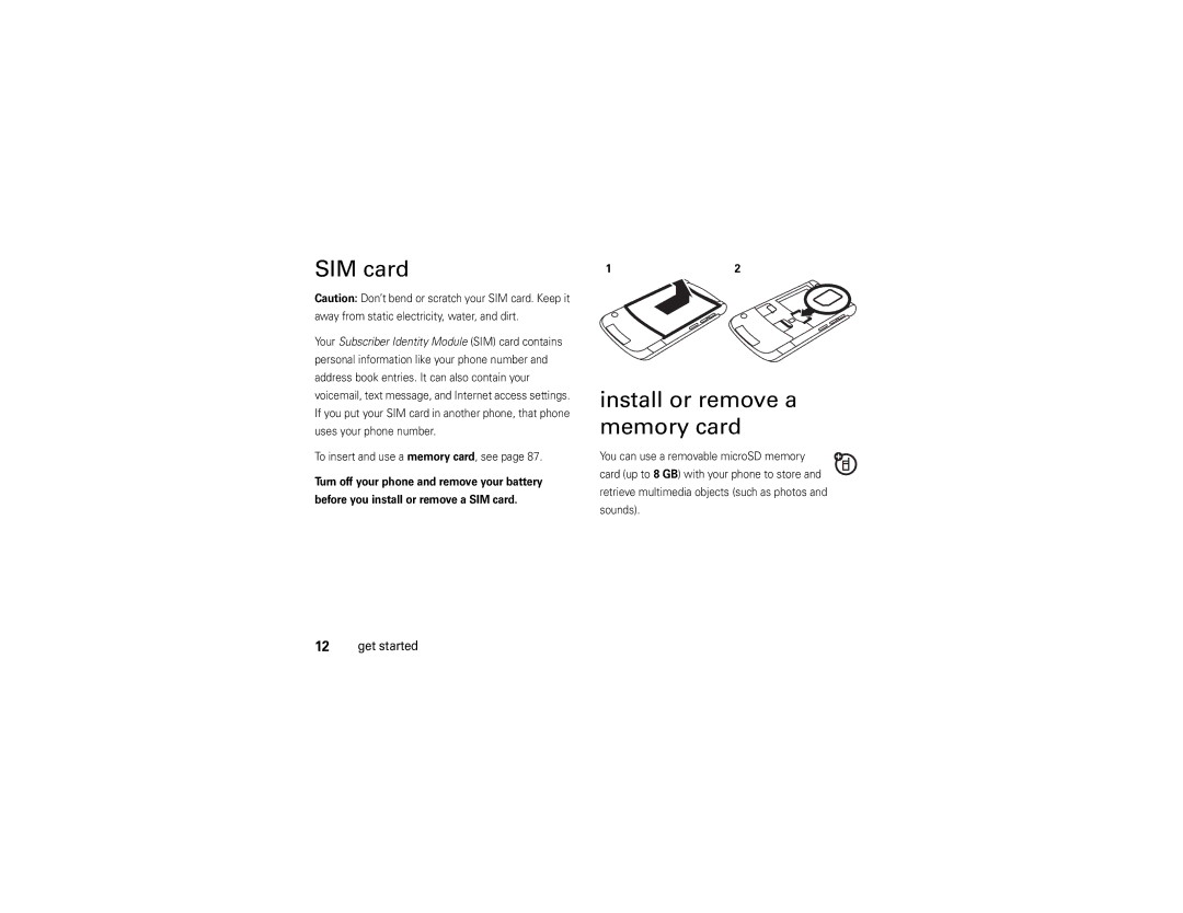 Motorola V9x manual SIM card, Install or remove a memory card, To insert and use a memory card, see 